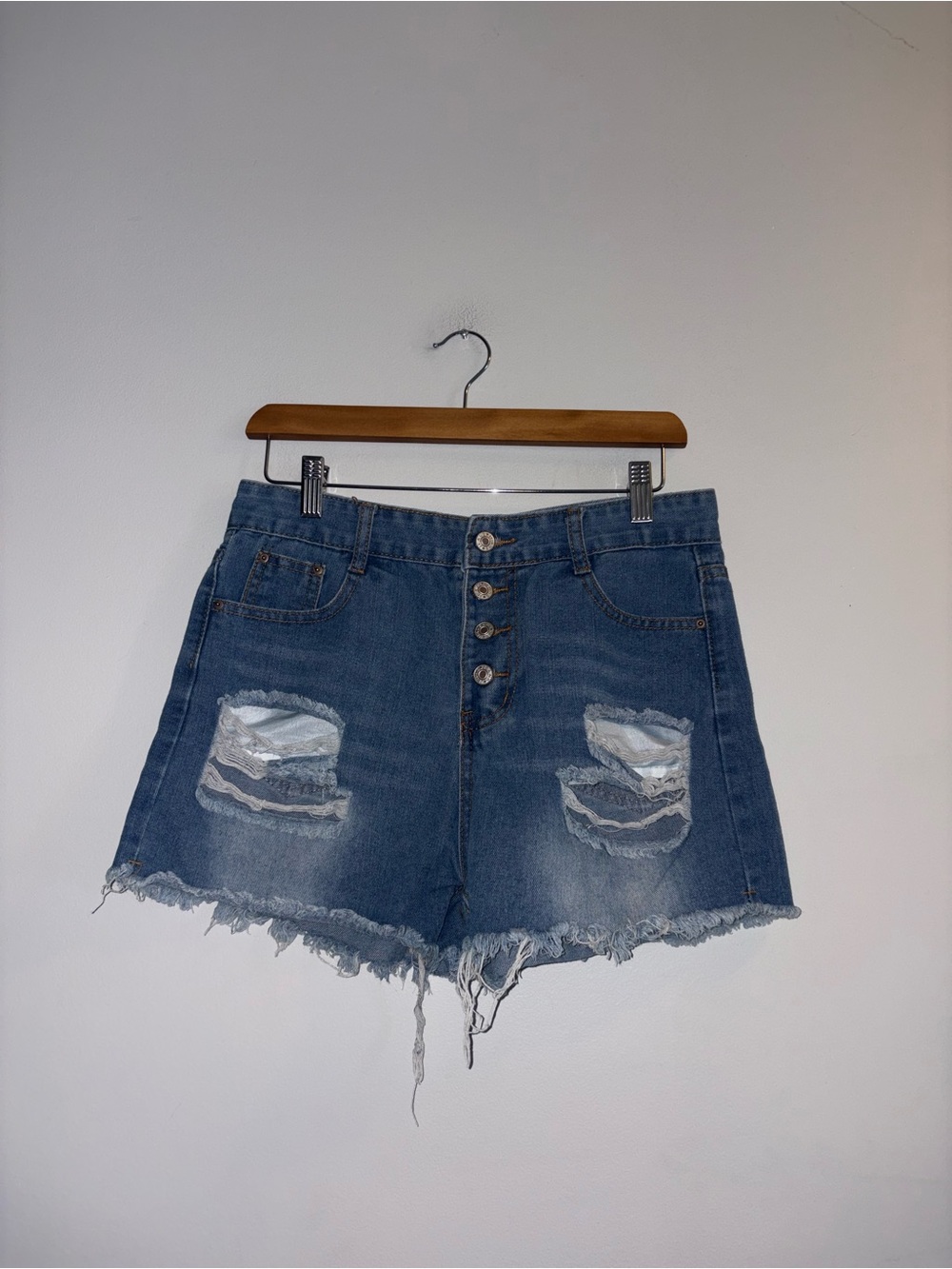 Distressed Button Fly Denim Shorts